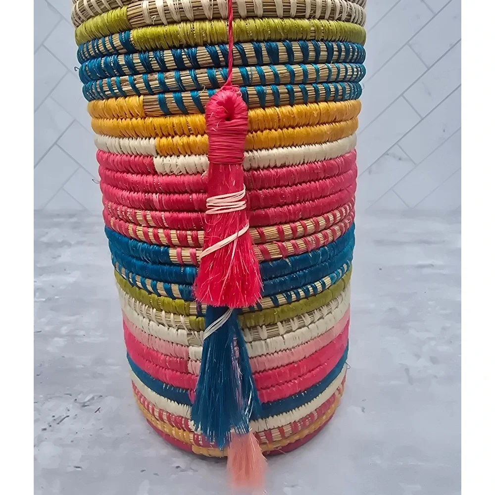 Handcrafted Rwanda Woven Basket Vase with Lid Tassel and Glass Insert Multicolor